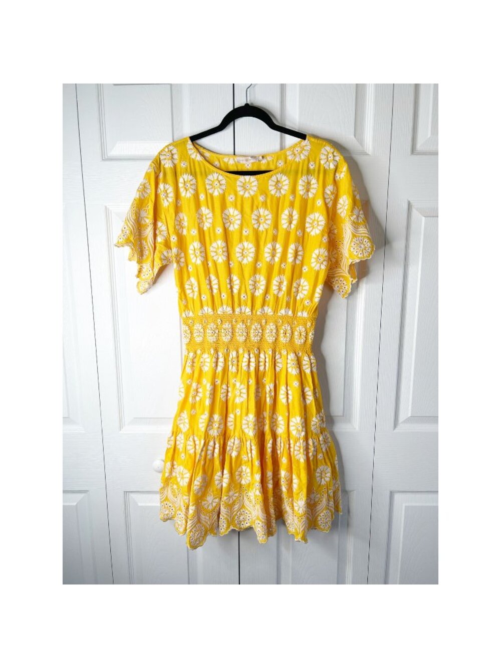 Tory Burch Yellow White Embroidered Short Sleeve Cotton Dress Women's Size 10